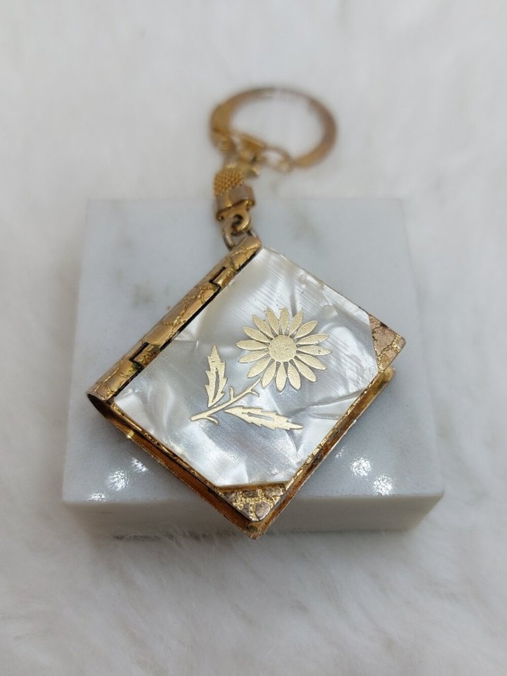 Vintage Vogue French Perfume Locket Book Celluloid and Gold-tone Keychain